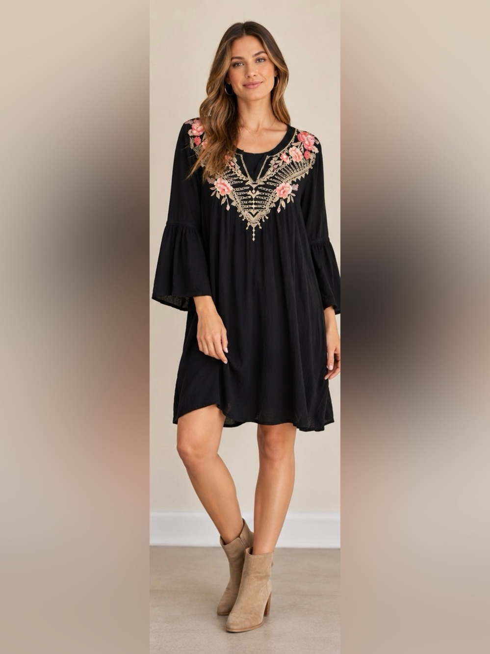 Johnny Was Black Embroidered Floral Bell Sleeve Dress XL